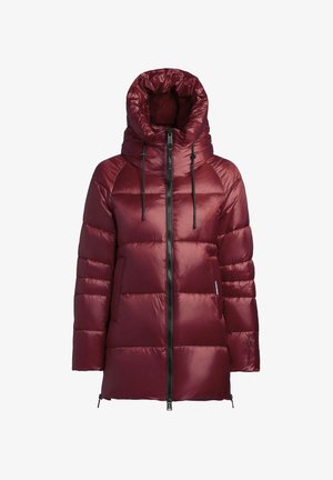 Geacă de tip puf vișinie cu finisaj lucios, fermoar, glugă reglabilă cu șnururi și buzunare laterale. Design cu quiltat cvadruplu.