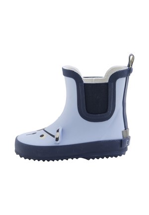 Blauer Gummiregenstiefel mit marineblauer Ferse und kontrastierenden marineblauen Akzenten, mit einem lächelnden Gesichtsmotiv. Strukturierte Sohle für besseren Halt.