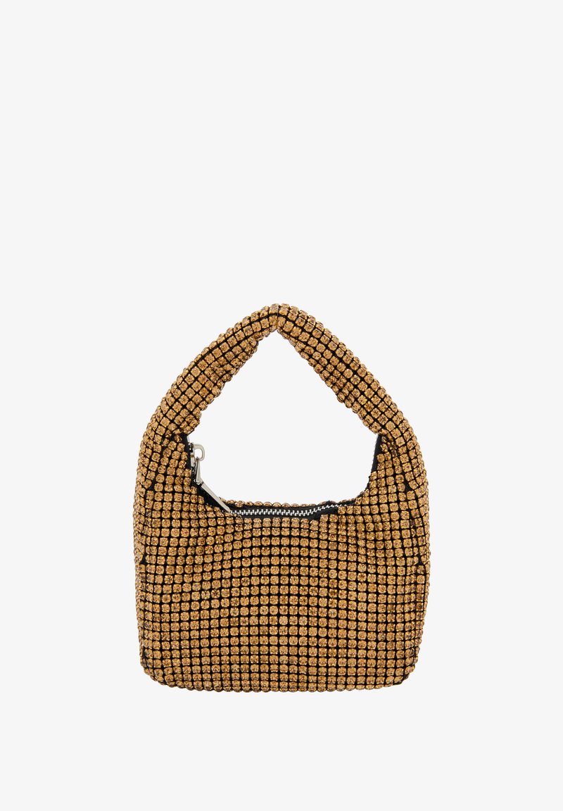 Arany gyöngyökkel díszített, kerek formájú kézitáska, strukturált fogantyúval és cipzáros záródással; fekete bélés és texturált felület jellemzi.