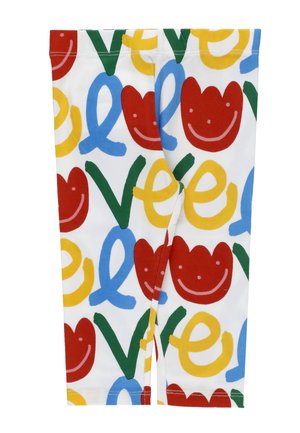 Leggings bianchi con volti sorridenti astratti colorati e forme ad anello in rosso, blu, verde e giallo su tutto il tessuto.