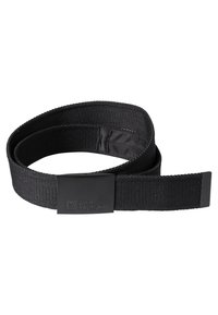 Cintura in tessuto nero con trama texturizzata, dotata di una fibbia rettangolare in plastica nera embossata con il logo del marchio.