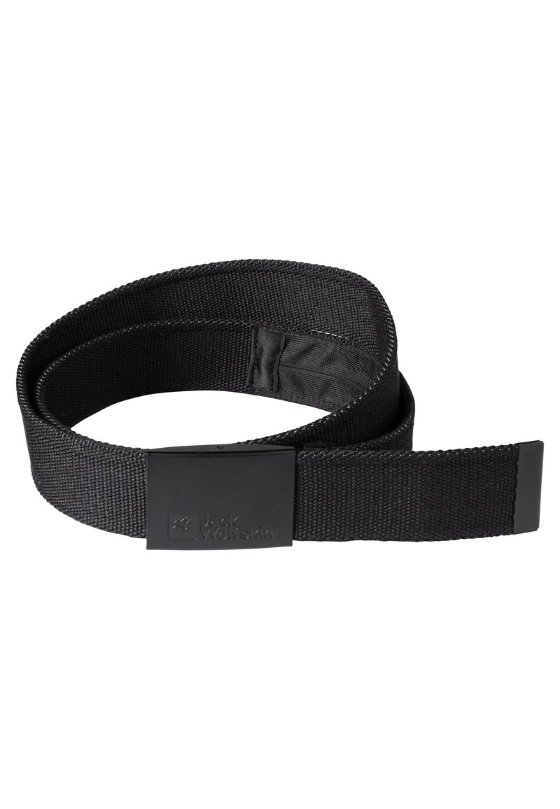 Cintura in tessuto nero con trama texturizzata, dotata di una fibbia rettangolare in plastica nera embossata con il logo del marchio.