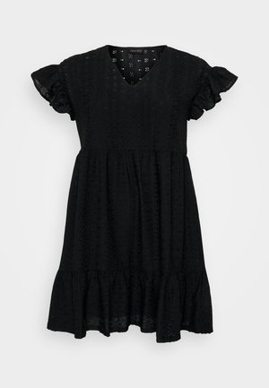 Black knee-length dress with V-neck, eyelet lace fabric, short ruffled sleeves, and tiered hem detailing.