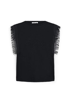 Top corto nero a maniche corte con dettagli di frangia sulle spalle, caratterizzato da testo ricamato "Enjoy" sul fronte. Realizzato in tessuto morbido.