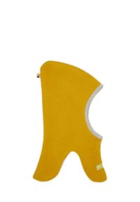 Mosterdgeel vilten hoed met grijze rand, met een unieke vorm en uitsnede voor het gezicht. Klein label aan de zijkant.