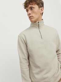 Beige Sweatshirt mit Zip-Kragen, langen Ärmeln und glatter Textur. Verfügt über einen halben Reißverschluss und eine lockere Passform.