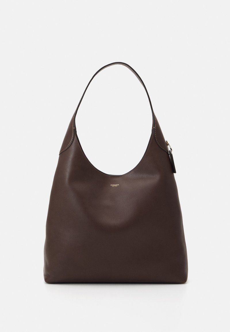 Brown leather hobo bag with a single curved handle, smooth texture, and a small zipper detail. Subtle logo embossed on the front.