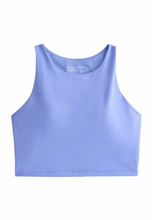 Lavender sleeveless crop top with a round neckline and visible stitching along the bottom hem, displayed on a white background.