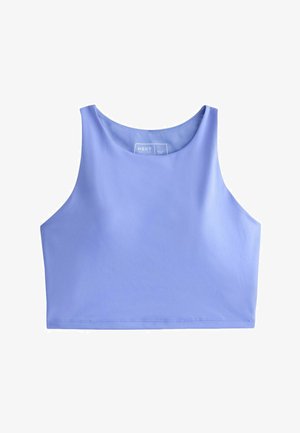Top crop lavandă fără mâneci, cu decolteu rotund și cusături vizibile de-a lungul tivului inferior, prezentat pe un fundal alb.