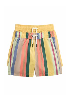 Twee paar shorts met trekkoord, één effen geel en één meerkleurig met verticale strepen in pasteltinten.