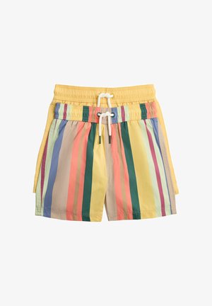 To par snøre-shorts, et ensfarvet gult og et multifarvet med lodrette striber i pastelfarver.