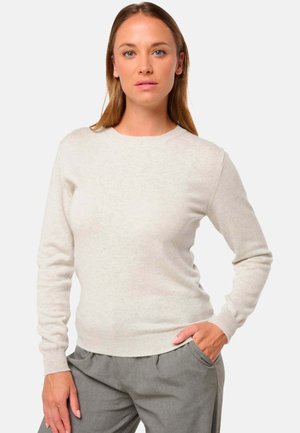 Pull gris clair à manches longues avec un col rond, texture douce, design ajusté, et bords côtelés aux poignets et à l'ourlet. Porté avec un pantalon gris.