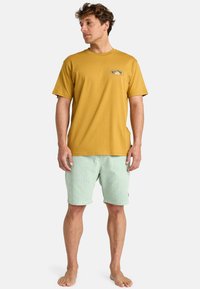 Kortærmet sennepsfarvet t-shirt med logo på brystet, parret med lyse mintgrønne shorts. Enkel design, bomuldsstof, afslappet pasform.