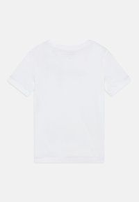 White cotton T-shirt with short sleeves, round neck, and a smooth texture. Back features a small logo label near the neckline.