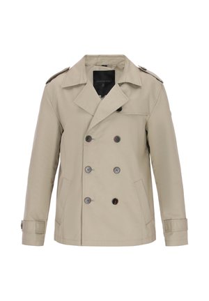 Beige kaksirivinen trenssitakki, joka on valmistettu kevyestä kankaasta. Siinä on suuret napit, olkasaappaat ja sivutaskut. Klassinen malli.