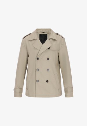 Beige dubbele rij knopen trenchcoat gemaakt van lichtgewicht stof. Voorzien van grote knopen, schouderepauletten en zijzakken. Klassiek ontwerp.