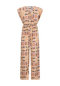 Bloemist jumpsuit met een v-hals, korte fladdermouwtjes, een elastische taille en brede pijpen in perzik, oranje, blauw en zwarte tinten.