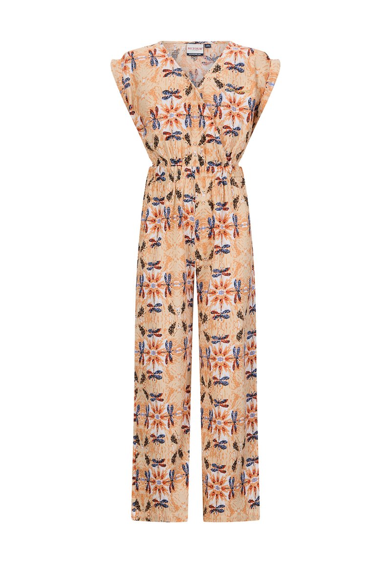 Bloemist jumpsuit met een v-hals, korte fladdermouwtjes, een elastische taille en brede pijpen in perzik, oranje, blauw en zwarte tinten.