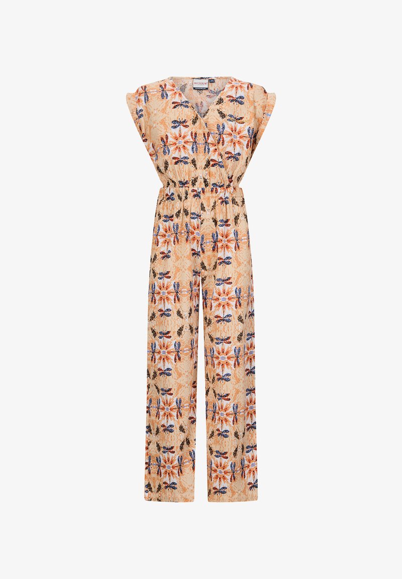 Blumenmuster-Overall mit V-Ausschnitt, kurzen, schwingenden Ärmeln, elastischem Bund und weitem Bein in Pfirsich-, Orange-, Blau- und Schwarztönen.