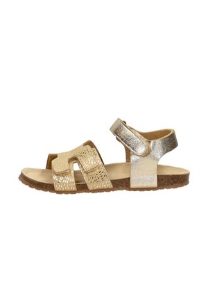 Child's beige and metallic gold sandal with perforated front strap, adjustable Velcro ankle strap, and cork sole on white background.