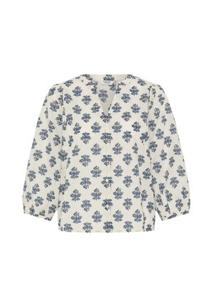 Blusa blanca de manga larga con estampado floral azul, escote en V y cierre de botones en el frente.