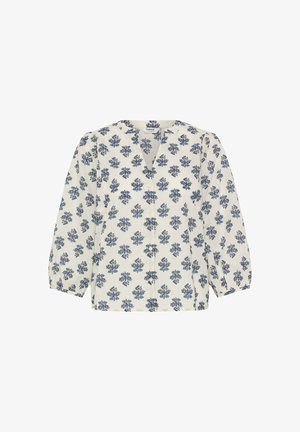 Witte blouse met lange mouwen met blauw bloemenpatroon, V-hals en knoopsluiting aan de voorkant.