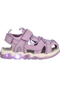 Lichtpaarse kindersandalen met klittenbandsluiting, bovenwerk van mesh, gevoerde voetbed en een ronde rubberen zool met een doorzichtige accent.