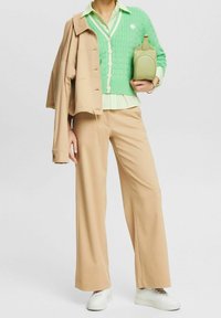 Beige Hose mit weitem Bein, grüner Strickpullover, darüber ein gestreiftes Hemd und eine beige Jacke. Eine kleine grüne Tasche vervollständigt das Outfit. Weiße Sneaker.