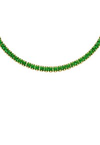 Groene edelstenen ketting met rechthoekig geslepen stenen, gezet in goudkleurig metaal, met een schakeldesign voor een doorlopende draad.