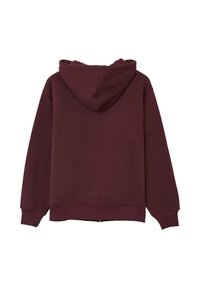 Felpa con cappuccio color bordeaux, in misto cotone, vestibilità rilassata, polsini e orlo a coste, colore solidale, senza loghi o motivi visibili. Visuale posteriore mostrata.