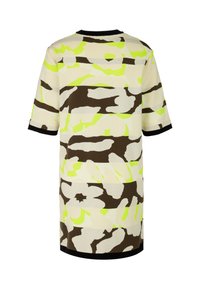 Lässig geschnittenes Kleid im gestreiften Muster mit Beige, Braun und Neon-Grün. Verfügt über kurze Ärmel und einen gerippten schwarzen Ausschnitt.