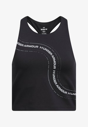 Melnā sporta topiņa ar īsu piegriezumu un sacīkšu aizmuguri, priekšā ar izliektu "Under Armour" tekstu un logotipu atstarojošā punktu dizainā.