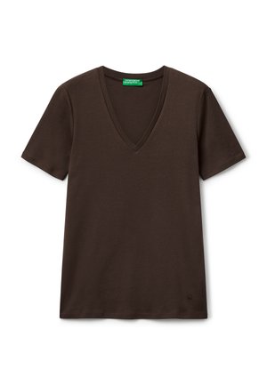 Dunkelbraunes V-Ausschnitt-T-Shirt aus weicher Baumwolle. Kurze Ärmel und gerader Saum. Kleines Akzentlogo nahe dem unteren Saum.