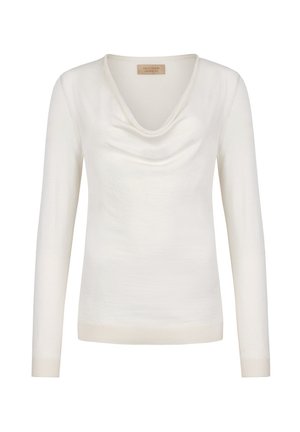 Cremefarbener Pullover mit langen Ärmeln, drapiertem Wasserfallausschnitt und geripptem Saum und Bündchen, gefertigt aus einem Kaschmir- und Seidenmix.