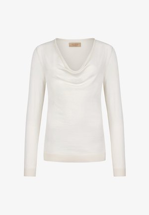 Cremefarbener Pullover mit langen Ärmeln, drapiertem Wasserfallausschnitt und geripptem Saum und Bündchen, gefertigt aus einem Kaschmir- und Seidenmix.