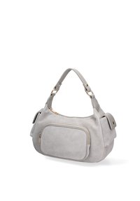 Borsa a spalla in suede grigio con tasca frontale con zip, hardware dorato e forma strutturata con corpo morbido. Presenta un manico imbottito.