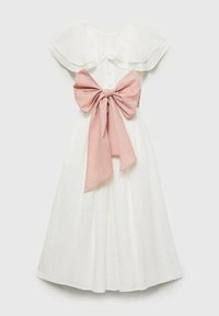 Weißes Kleid mit kurzen, rüschengesäumten Ärmeln und einer rosa Stoffschleife an der Taille. Ausgestellt geschnittener Rock aus leichtem Material. Klassische Knopfverschluss.