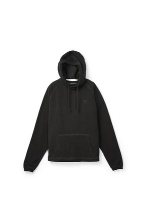 Black pullover hoodie with front kangaroo pocket, drawstring hood, and subtle logo on chest, displayed on white background.