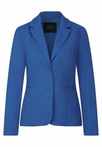 Blazer bleu avec une coupe cintrée, des revers crantés, deux boutons sur le devant et des poches latérales. Confectionné dans un tissu lisse avec une silhouette structurée.