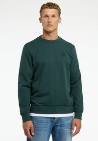 Sudadera verde din bumbac, cu guler rotund, mâneci lungi, manșete striate și un mic patch cu marcă pe piept.