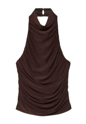 Ciemnobrązowy bezrękawnik z dekoltem halter, z drapowanym materiałem tworzącym miękkie fałdy oraz małym otworem przy szyi zapinanym na zatrzask.