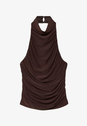 Ciemnobrązowy bezrękawnik z dekoltem halter, z drapowanym materiałem tworzącym miękkie fałdy oraz małym otworem przy szyi zapinanym na zatrzask.