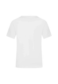 T-shirt blanc à manches courtes avec un col rond, en tissu lisse. Aucune graphique ou motif présent sur la vue arrière.