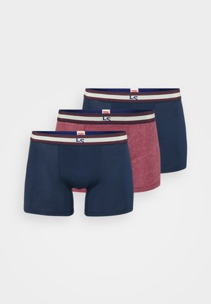 Set di tre paia di boxers: uno blu navy, uno borgogna mélange e un altro blu navy uniforme, con cinture elastiche a contrasto.
