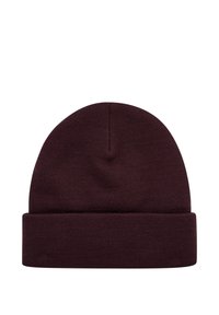 Bordeaux strikket hue med ombuk og glat tekstur. Elastisk materiale tilpasser sig bekvemt til hovedets form. Simpel, udekoreret design.