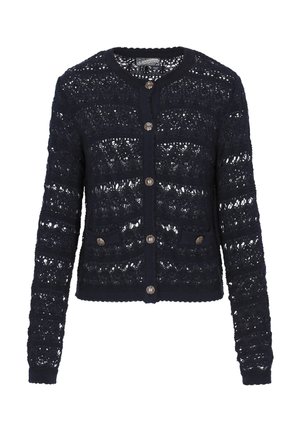 Tumedast nirkkusüdamik, millel on pitsitaoline muster, pikad varrukad, ümar kaelus ja dekoratiivsed nööbid ees. Kahe esise tasku lisamine.