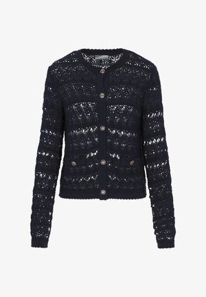 Tumedast nirkkusüdamik, millel on pitsitaoline muster, pikad varrukad, ümar kaelus ja dekoratiivsed nööbid ees. Kahe esise tasku lisamine.