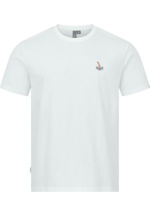 Weißes T-Shirt mit kurzen Ärmeln und Rundhalsausschnitt, auf der linken Brust mit einem kleinen, gestickten Motiv eines über dem Wasser ragenden Schwimmerarms.