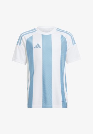 Maillot de sport Adidas rayé verticalement blanc et bleu clair, à manches courtes, avec logo sur la poitrine.