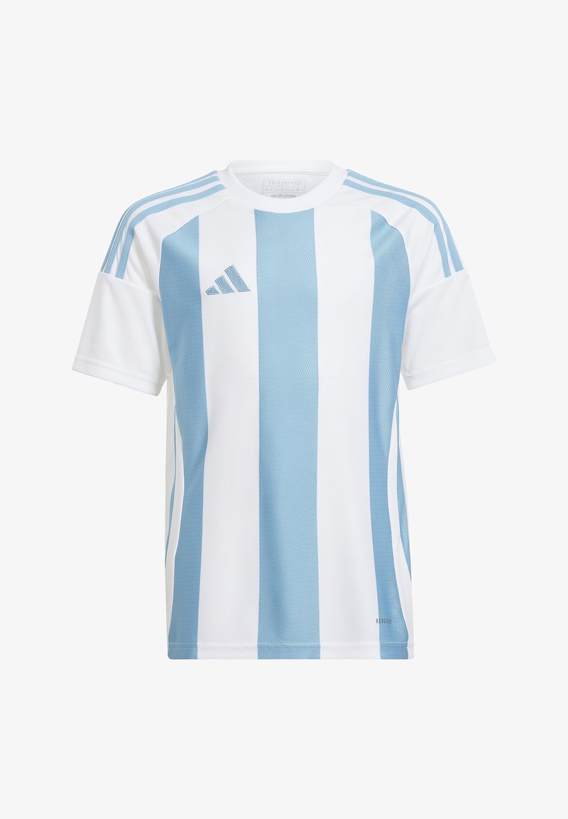 Maillot de sport Adidas rayé verticalement blanc et bleu clair, à manches courtes, avec logo sur la poitrine.
